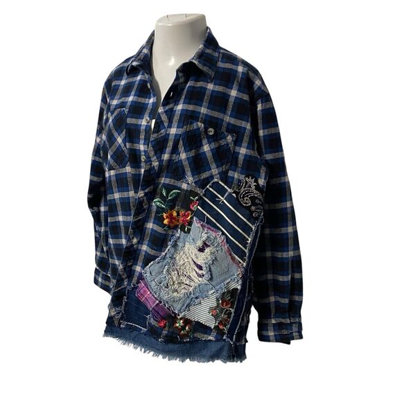 Upcycled Flannel Shirt Shacket Womens 1X Boop Motorcycle Grunge Patchwork Art - Picture 2 of 16
